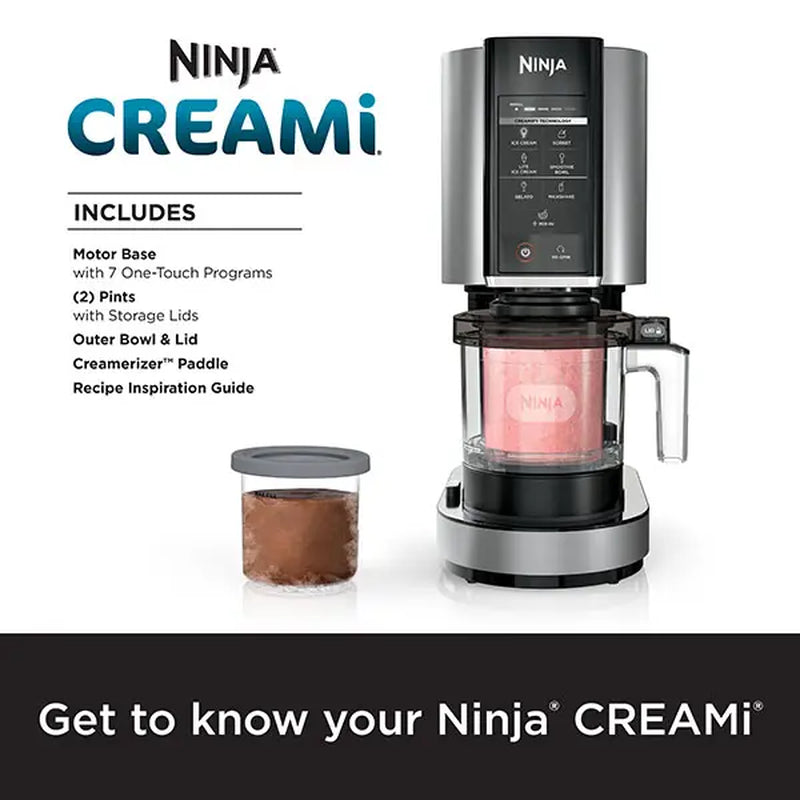 Ninja NC301 CREAMi Ice Cream Maker - Gelato, Mix-ins, Milkshakes, Sorbet, Smoothie Bowls & More - 7 One-Touch Programs - Includes (2) Pint Containers & Lids - Compact Size, Perfect for Kids - Silver
